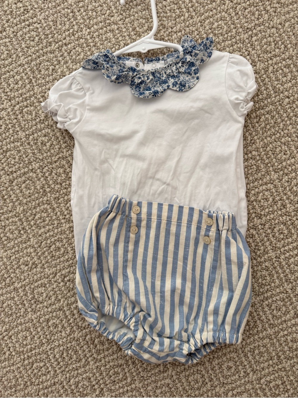 Pepa London White Top & Blue Stripe Bloomer Set with Floral Collar